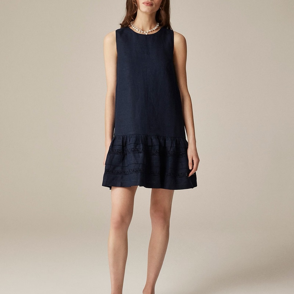 J. Crew Maxine Ruffle Trim Linen Dress Navy‎ Blue size XXS
